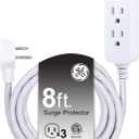 GE 3-Outlet Power Strip Surge Protector 8 Ft Braided Extension Cord with Multiple Outlets Grounded Flat Plug ETL Listed White 38433