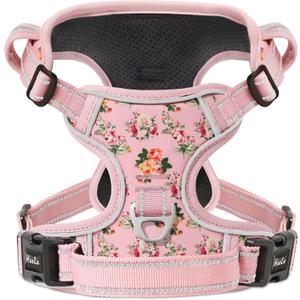 HEELE Dog Harness, No Pull Adjustable Padded Reflective Harness for Dogs with Handle for Walking Training, Flower-Pink, Large