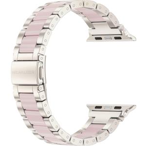 Wearlizer Compatible with Apple Watch Band 38/40/41/42mm Fashion Wristbands Womens, Stainless Steel + Resin Metal Replacement for iWatch Series 11 10 - Starlight+Pink