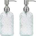 16 oz Diamond Pattern Glass Soap Dispenser, Kitchen and Bathroom Refillable Soap Dispenser with Rust Resistant Stainless Steel Pump for Hand Soap, Lotion Glass Liquid Dispenser (Clear-Pack of 2)