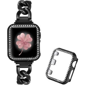 Dilando Cool Chain Metal Link Bands Black Compatible with Apple Watch 38mm 40mm 42mm 44mm Women with Bling Case, Stainless Steel Band with Bling Case for Iwatch SE Series 8 7 6 5 4 3 2 1(Black, 38mm)