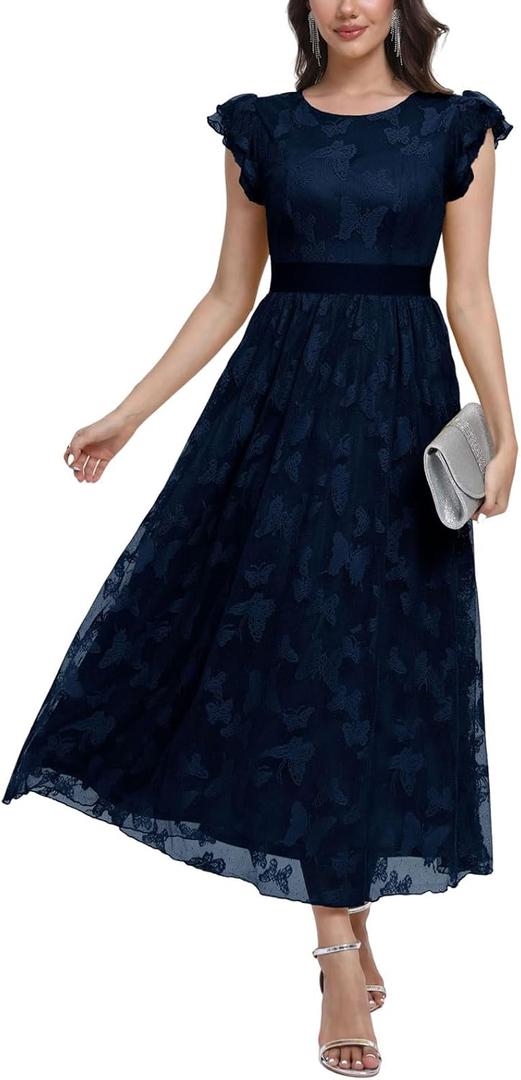 Women's Casual Tulle Midi Dress Ruffle Sleeve Crewneck Lace Flowy Dresses Party Wedding Guest Sundress