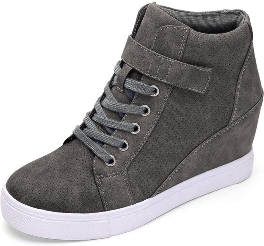 Athlefit Women's Lace Up Wedge Sneakers High Top Fashion Sneakers Ankle Booties (8.5, Grey)