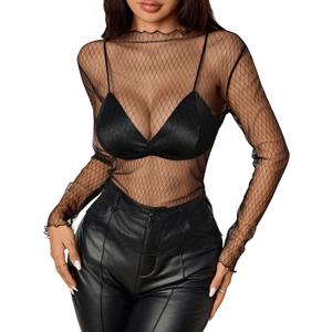 OYOANGLE Women's Mesh Sheer Long Sleeve Shirts See Through Lettuce Trim Mock Neck Tee Tops (Large, Black)