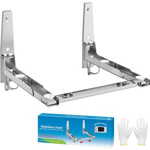 EsLuker.ly Universal Stainless Steel Microwave Oven Wall Mount Bracket with Removable Hooks, Arm Adjustable Foldable Kitchen Stretch Oven Stand Shelf Rack Load 100 lb, Silver