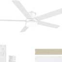 52 Inch White Ceiling Fan with Light, Flush Mount and Remote Control, Dimmable 3-Color Temperature LED, 6-Speed Reversible DC Motor, 5-Blade Modern Design for Indoor or Outdoor