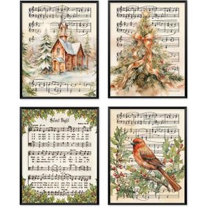 Winter Christmas Wall Art Decor, Retro Farmhouse Christmas Tree Red Bird Cardinal Prints Poster Wall Decorations for Bedroom Living Room Bathroom, 8x10 Set of 4 (Unframed)