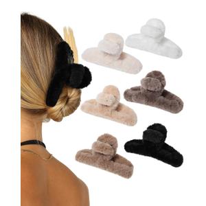 AWAYTR Plush Clip - Hair Clip, 4 Pcs Rectangular Cute Hair Clips for Women, Large Hair Barrettes for Thick Hair, Non Slip Hair Jaw Clips for Girls, Camel/Coffee/Beige/Khaki/White/Black