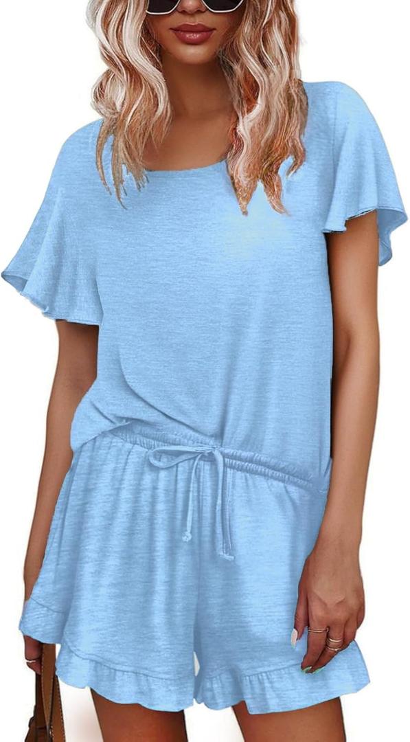 Ekouaer Womens Pajama Sets Shorts Ruffle Pajamas Set Soft Summer Pj Set 2 Piece Loungewear Short Sets (Medium, Clear Blue)
