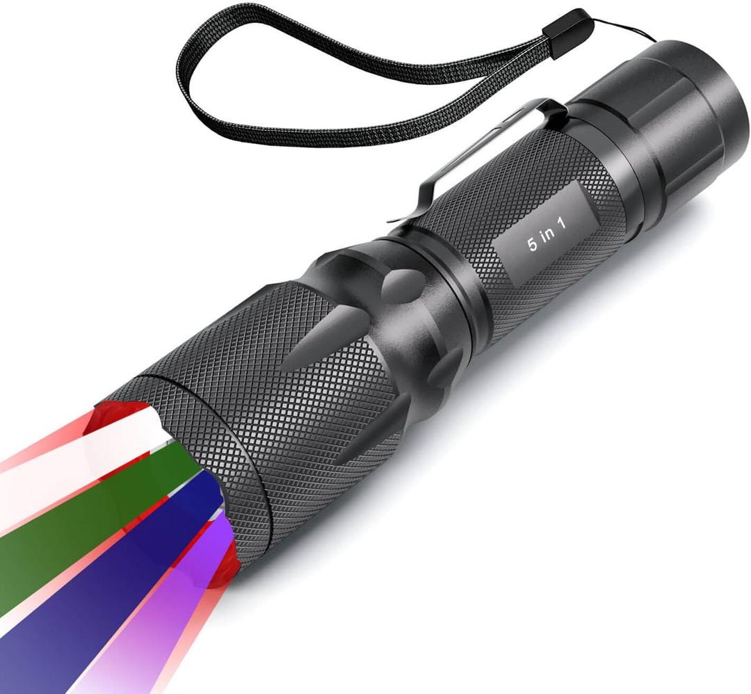 5-in-1 Multi-Color Zoomable Flashlight – White/Red/Blue/Green/UV Modes with Memory Function – Adjustable Focus for Camping, Emergencies | No Battery Included