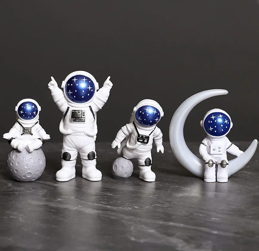 Blue White Astronaut Statues Set of 4, Spaceman Sculpture Figurines Outer Space Theme Decor for Nursery Room Cake Topper
