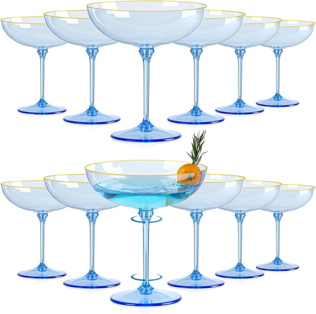 12 PCS Plastic Coupe Glasses 9oz Blue Detachable Gold Rim Martini Glass Espresso Champagne Cocktail Cups Disposable Vintage Margarita Glassware for Baby Shower Wedding Birthday Graduation Party