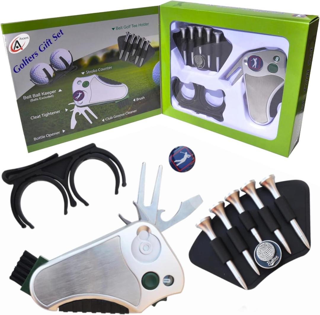 Golfer's Best Golf Gift Set: Tool - Stroke Counter, Divot Tool Repair, Brush, Ball Marker, Cleat Tightener, Club Groove Cleaner Belt Tee Holder Tees Belt Ball Holder - Gift Idea For Men Women (Green, White, Black)