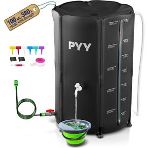 PYY Rain Barrel - 100 Gallon Water Storage Tank with Spigots, Portable Rain Catcher to Collect Rainwater from Gutter, Large Plastic Rain Catchment System with Collapsible Bucket, Black