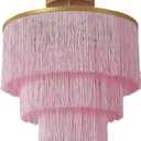 3-Tiered Pink Chandelier,3 Lights Boho Fringe Pendant Light Fixture,Tassle Chandelier for entryway,Dining Room,Baby Nursery,Gold and Pink