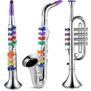 Lewtemi Set of 3 Saxophone for Kids Musical Instruments Toy Saxophone Toy Trumpet and Clarinet with 8 Colored Coded Keys Teaching Songs Gifts for Toddlers Children(Silver)