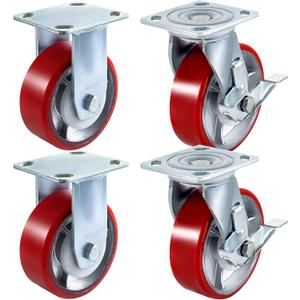 VEVOR Caster Wheels Set of 4, 6" Heavy Duty Casters (2 Rigid and 2 Swivel Casters with Side Brake) Polyurethane Iron Core Plate 4000LBS Capacity