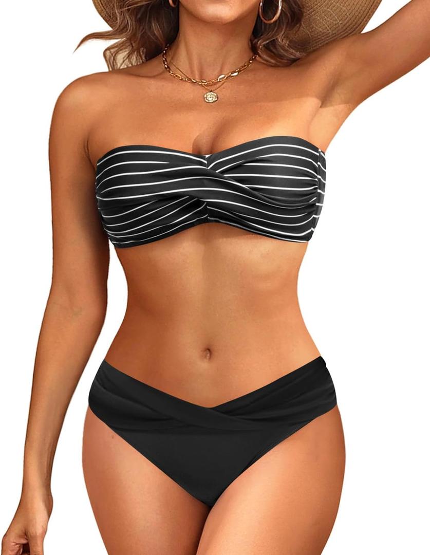 Women's Strapless Bandeau Bikini Set - Twist Front Two Piece Swimsuit with Side Tie Bathing Suit Bottom (Medium)