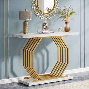 Tribesigns Gold Console Table, Faux Marble Entryway Table Narrow Sofa with Geometric Metal Base, 40 Inch Modern Accent Entrance for Living Room, Hallway, Foyer, White and Gold, Large