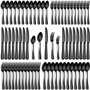 60 Piece Black Silverware Set, Stainless Steel Flatware Set for 12 Food Grade Cutlery Utensil Set Include Knife Fork Spoon Mirror Polished Dishwasher Safe