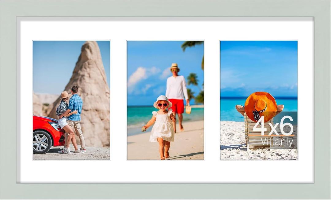 Vittanly 8x14 Picture Frames Collage, Displays 3Pcs 4x6 Pictures with Mat, 4x6 Collage Picture Frame for Horizontal or Vertical Display, Light Gray Green, 1 Pack