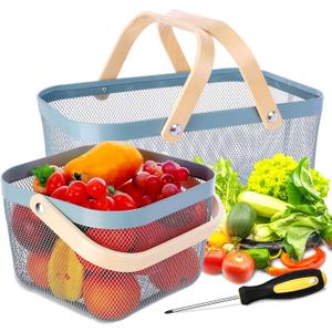 Dualshine 2 Pack Garden Harvest Basket, Metal Mesh Wire Picnic Basket with Handle, Rectangle Garden Baskets for Gathering Vegetables, Fruits, Kitchen, Home Cabinet Closet and Office(Blue)