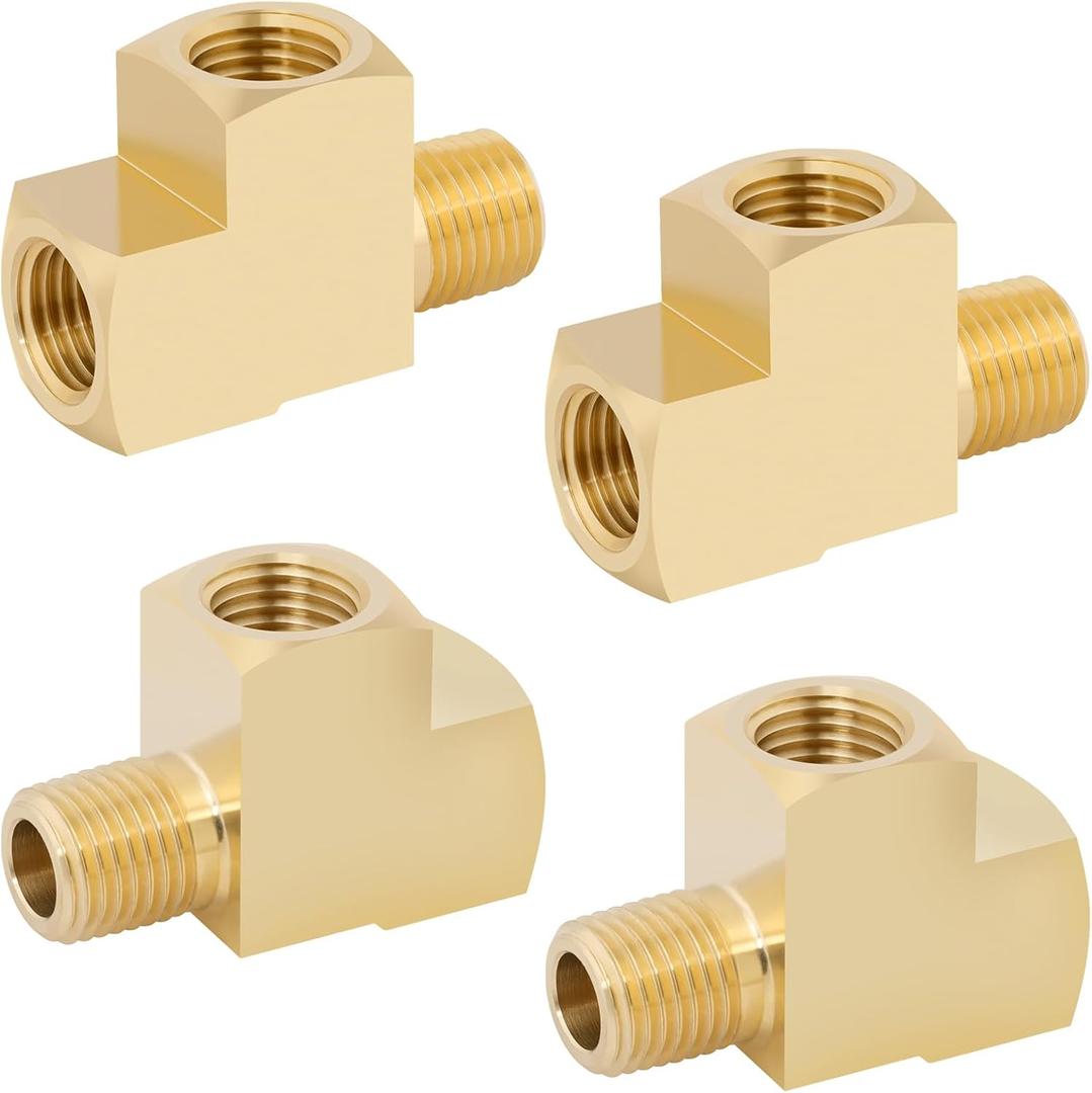 KOOTANS 4 Pack Brass Tee Fittings 1/4" NPT Female to 1/4" NPT Female to 1/4" NPT Male Barstock Street Tee Fittings 3 Way Brass Pipe Fitting