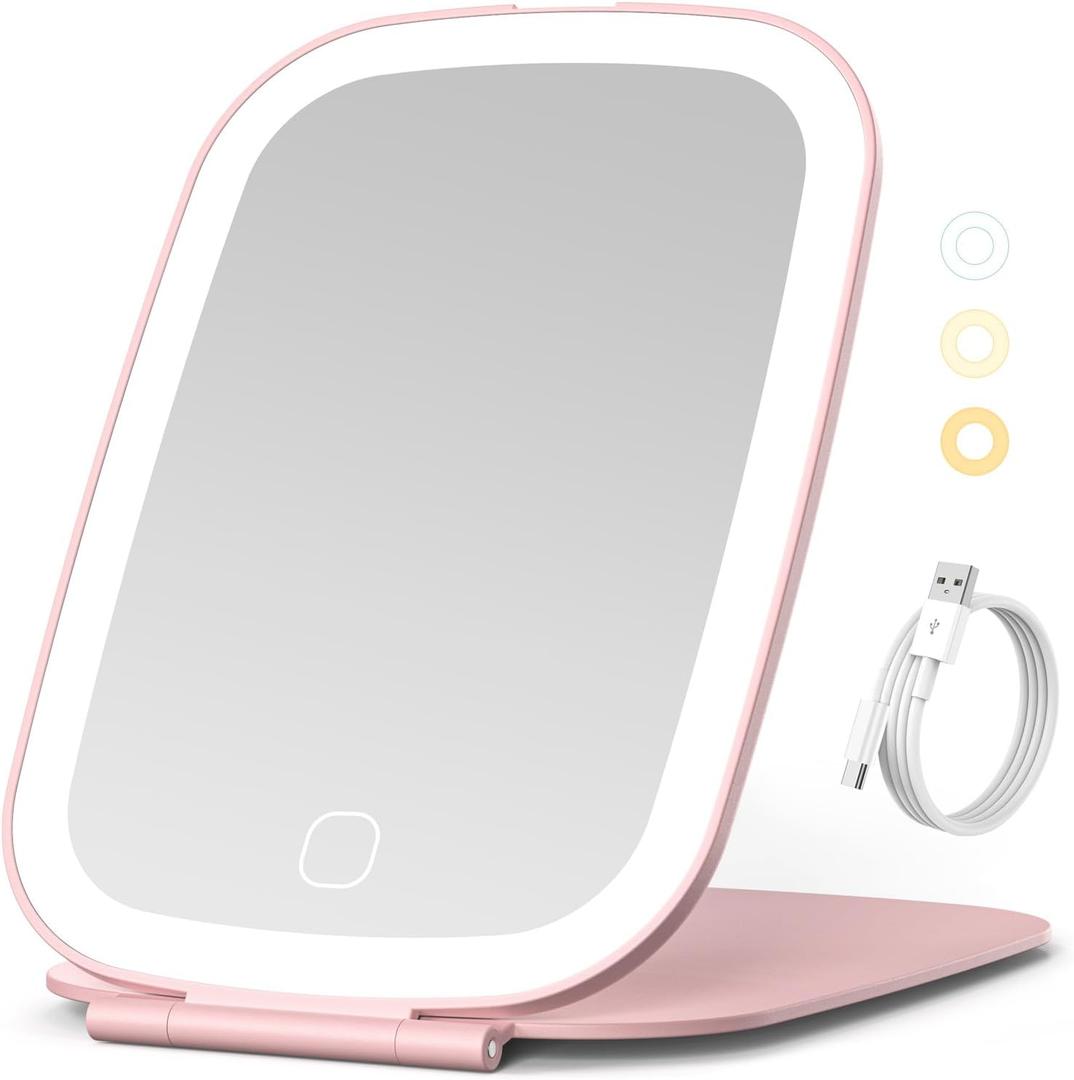 NEZZOE Travel Mirror with LED Light, Rechargeable Portable Lighted Makeup Mirror, 3 Lighting Modes Dimmable Touch Control, Foldable Compact Vanity Mirror for Travel Tabletop, 7x5 Inch