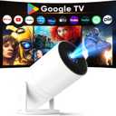 [ Built-in Google TV & Voice Control] WISHOLY Mini Projector with WiFi and Bluetooth, Built-in Streaming Apps, Portable Movie Projector 4K with 180 Rotatable for Outdoor, Home Theater, Movie Night (white)