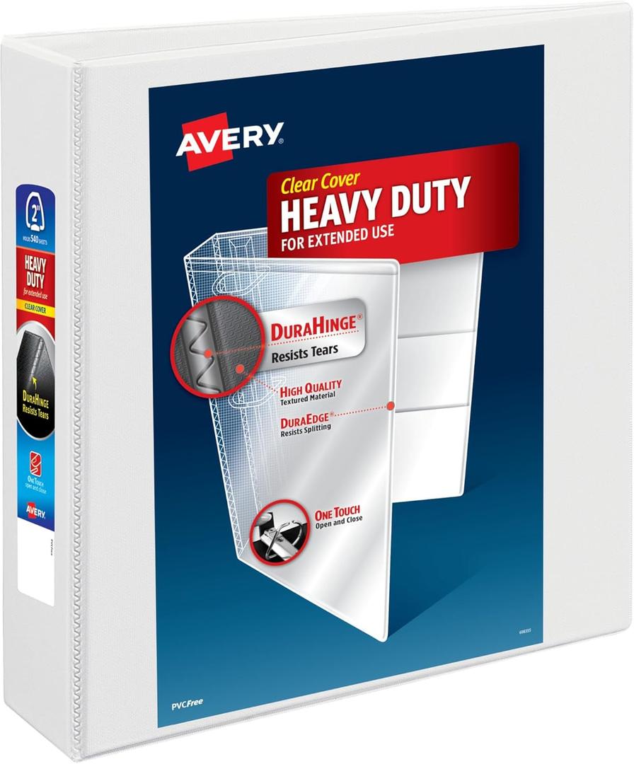 Avery Heavy-Duty View 3 Ring Binder, 2" Slant Rings, 540-Sheet Capacity, 2.8 Inch Wide Spine, Great for Home, School Supplies, Office, or Organization Needs, 1 White Binder (79192)