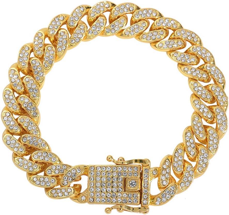 Chain Dog Collar, Bling Diamond Cuban Link Dog Collars Glitter Chain Rhinestone Puppy Necklace for for Small Medium Large Pet Dogs (Gold, 14 inch)