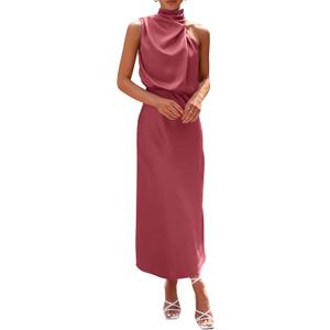 PRETTYGARDEN Women's 2025 Summer Satin Dress Elegant Sleeveless Mock Neck Cocktail Party Maxi Dresses (Large, Brick Red)