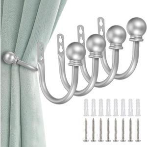Sumnacon Set of 4 Decorative Curtain Holdbacks, Wall Mounted Aluminum Alloy Window Drapery Tiebacks for Bedroom, Livingroom Office Come with Screws,Silver