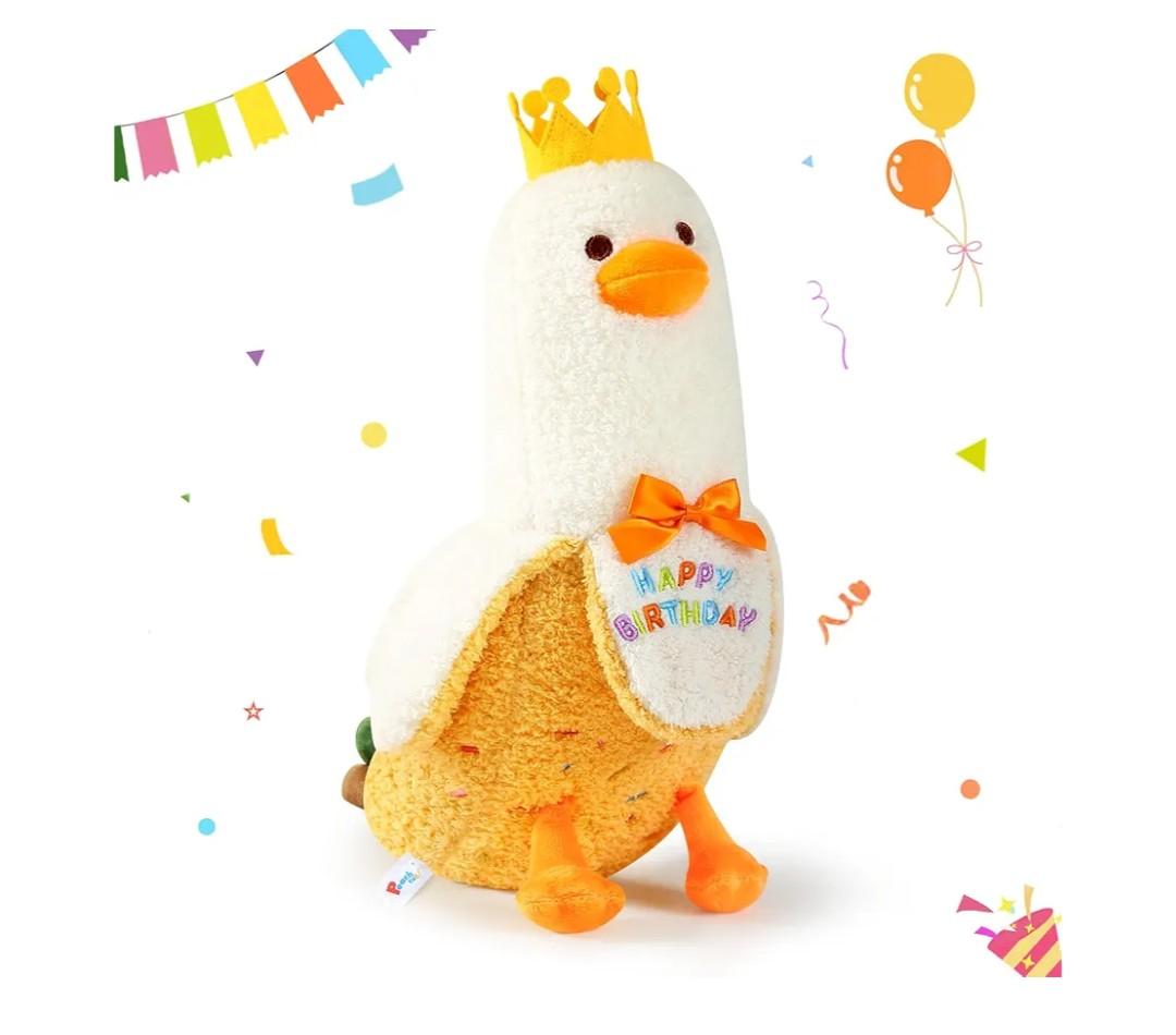 PEACH CAT Banana Duck Plush Pillow with Birthday Party Crown Banana Duck Stuffed Animal for Birthday Gift for Kids Yellow 12"