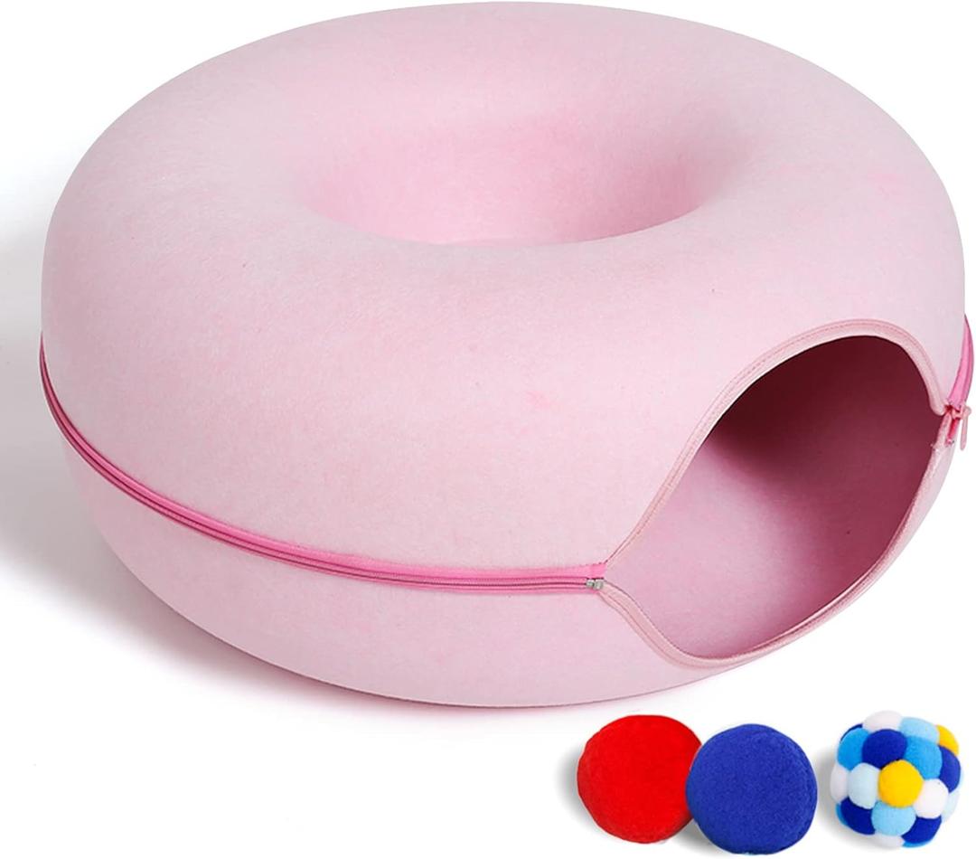 Large Cat Tunnel Bed for Indoor Cats with 3 Toys, Scratch Resistant Donut Cat Bed, Up to 30 Lbs (Pink)