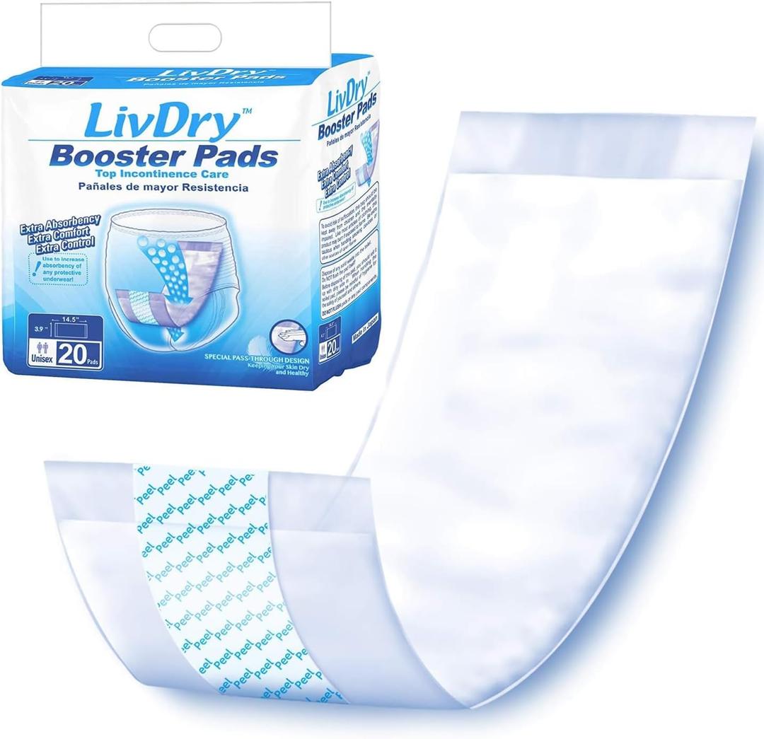 LivDry Incontinence Booster Pads, Use with Adult Diapers for Women and Men, Extra Comfort Softness, Disposable Pad (20 Count, Regular Length) (Pack of 2)