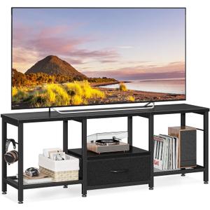 Casaottima 47" TV Stand with Open Storage Shelves for 43, 50 Inch TV, Entertainment Center with Fabric Drawers, TV Console Table with Soundbar Shelf TV Stand for Living Room Bedroom, Pure Black
