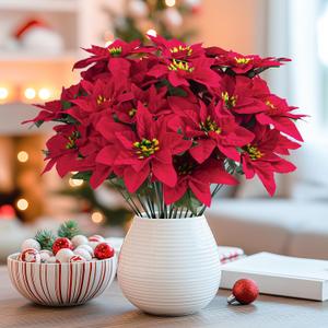 Alupssuc 8 Pack 7 Heads 17in Poinsettia Christmas Flowers Artificial Velvet Fake Poinsettia Bouquet, Indoor & Outdoor Christmas Tree Decorations for Vase Table Porch Garden Decor, Red
