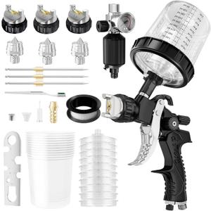 HVLP Air Spray Gun with 1.4/1.7/2mm Nozzles & Air Compressor Regulator, Air Spray Paint Gun w/10pcs 600cc Mixing Cup and Lids, Automotive Paint Sprayer for Car, House Painting, Furniture (Black)