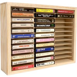 Cassette Tape Storage Rack, 36-slot Wood Cassette Tape Holder, Wall Mount or Freestanding Audio Cassette Organizer, Playing Card Storage, Unfinished Pine