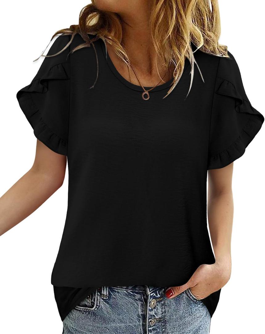 CRAZY GRID Women's Shirts Summer Casual Crewneck Ruffle Short Sleeve Blouses Cute Floral Print Tunic Tops, L, Black