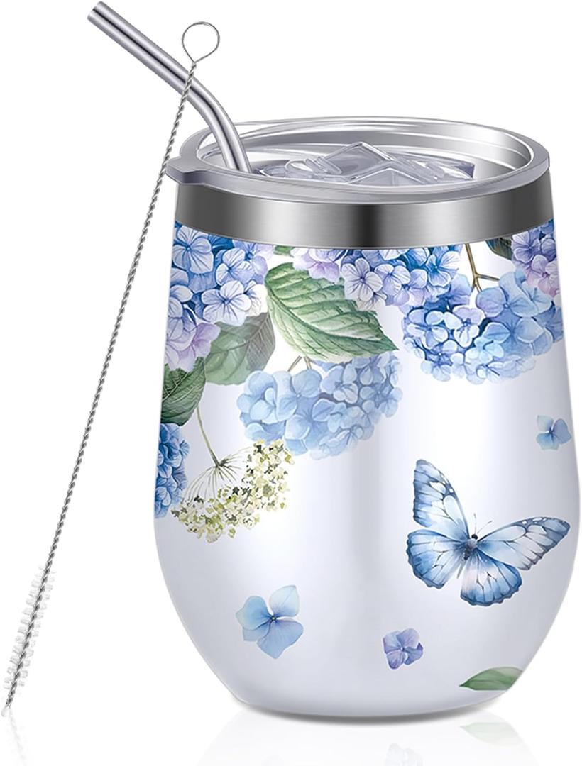 Geiserailie Floral Insulated Wine Tumbler 12 oz Spring Hydrangea Butterfly Stainless Steel Wine Glass with Lids and Straw Double Wall Travel Tumble for Women Coffee Cocktail Mother's Day Gift