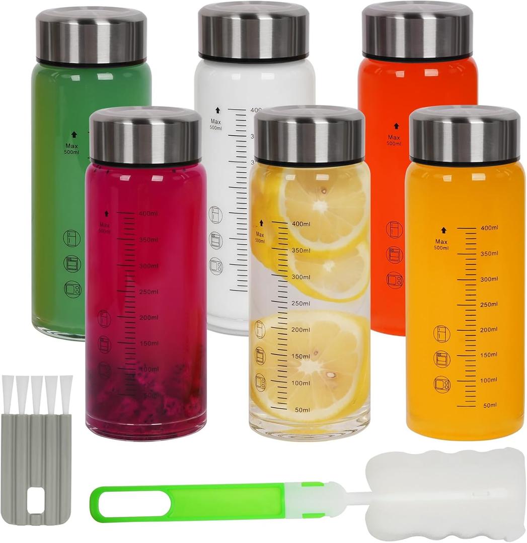 16 oz Glass Juice Bottles with Lids, 6 Pack Wide Mouth Glass Water Bottles Juicing Bottle Reusable for Juicing Smoothies, Infused Water, Bever