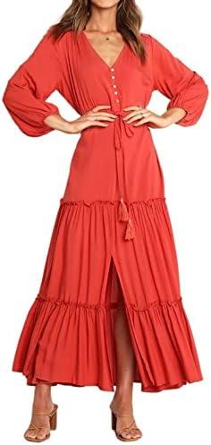 R.Vivimos Maxi Dress for Women Long Sleeve V Neck Drawstring Button Up Casual Split Flowy Dress, Size S