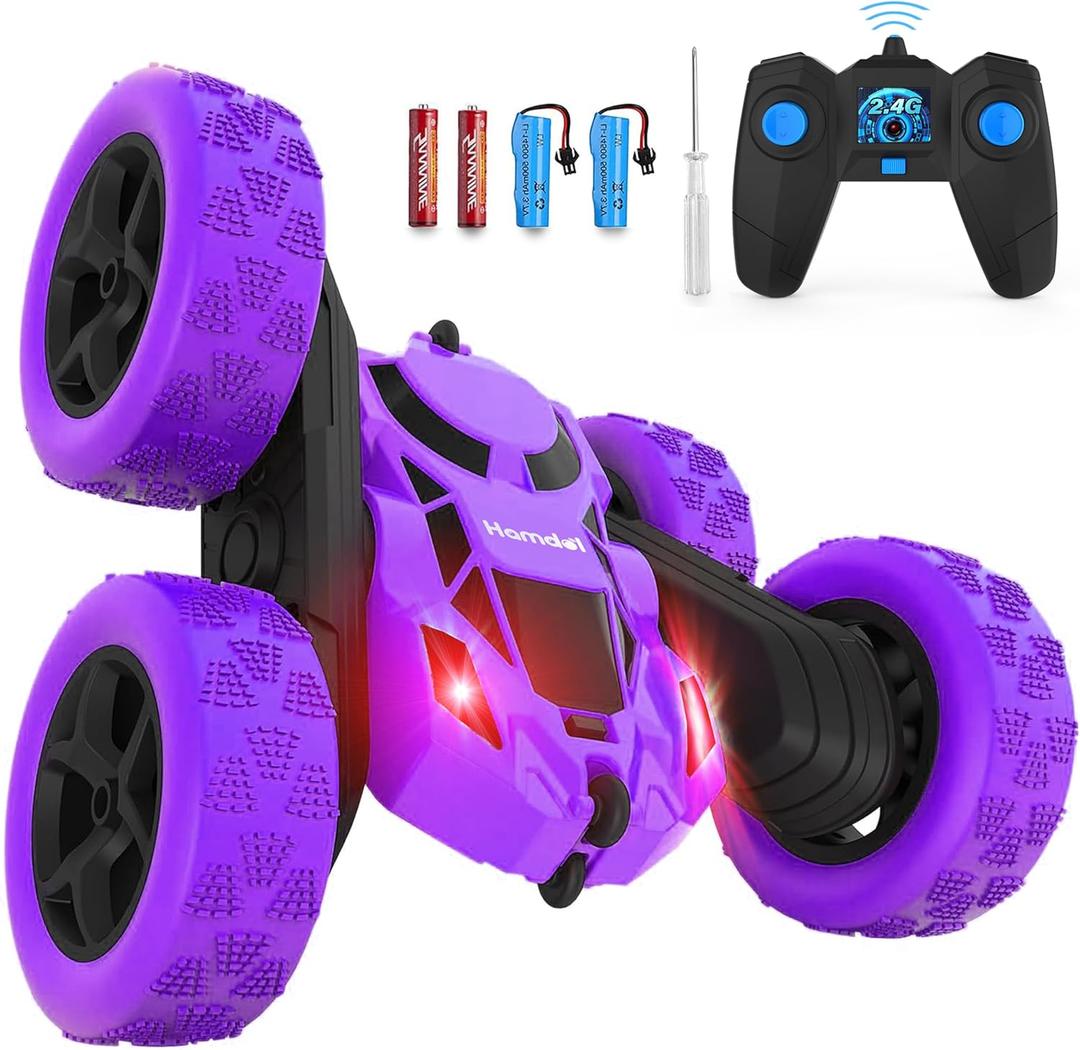 Remote Control Car for Kids, 360 Spinning RC Stunt Car with Lights, 4WD Electric Off-Road Vehicle, 2.4GHz Rechargeable Toy Cars for Boys Girls Age 6 7 8 9 10 11 12, Birthday (Purple)