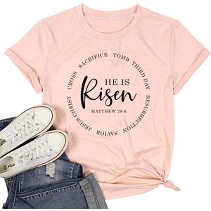 He is Risen Shirt Women Jesus Christian Easter Letter Print T-Shirt Easter Sunday Short Sleeve Tee Top (X-Large, Pink)