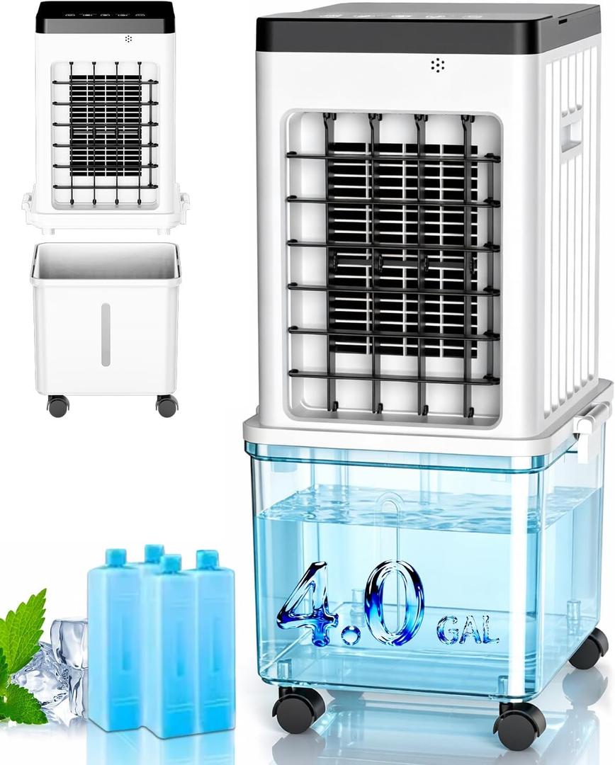 Swamp Cooler, Portable Air Conditioners with Large Water Tank, 4 Ice Packs, 24H Cooling Time, 3 Speeds, 7H Timer, 3-in-1 Portable Evaporative Air Cooler for Room Office Bedroom (pure white), detachable