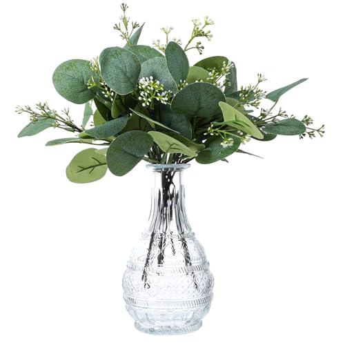 KALIONE 12 Pcs Artificial Silver Dollar Eucalyptus Leaves Picks Stems and Faux Branches with White Seeds, 11.4'' Decoration Greenery Stems Plants for Vase Bouquets, Flower Arrangement