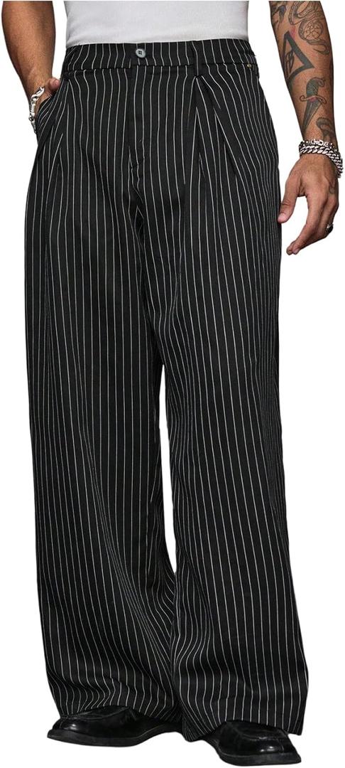 GORGLITTER Men's Striped Baggy Dress Pants Casual Wide Leg Pleated Trousers 2025 Streetwear with Pockets (X-Large, Black)