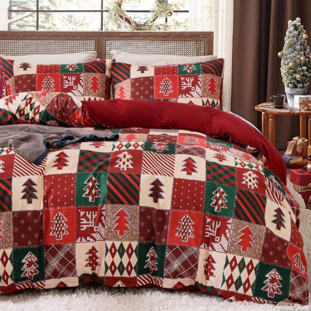 DadaFash Christmas Duvet Cover Queen - Holiday Bedding Christmas Tree Pattern, Red Reversible Comforter Cover Sets, 1 Duvet Cover and 2 Pillow Shams (Queen, Christmas Tree)